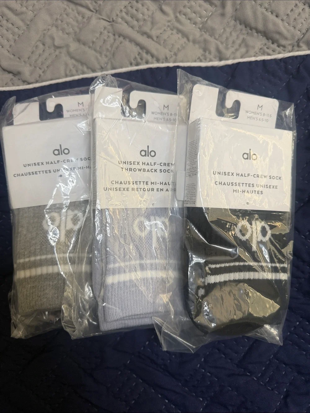ALO Yoga Unisex Half-Crew Sock - Black, Grey and Winter Frost. $25 Each pair